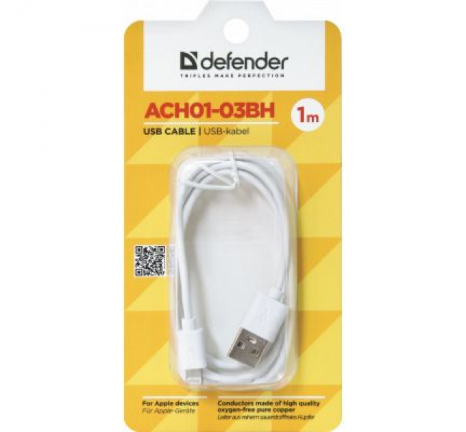 Defender Дата кабель USB 2.0 AM to Lightning 1.0m ACH01-03BH white Defender (87479)