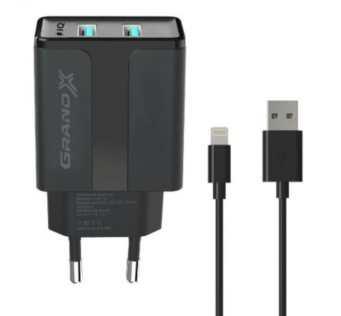 Grand-X Зарядний пристрій Grand-X 5V 2,1A Black + cable USB-Lightning (CH15LTB)